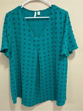 CATO Teal Polka Dot V-Neck Women's Top
